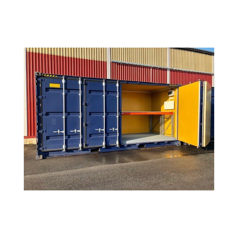 CONTENEDOR DE CARGA LATERAL DE 20 PIES CON ESTANTERÍAS PARA PALES